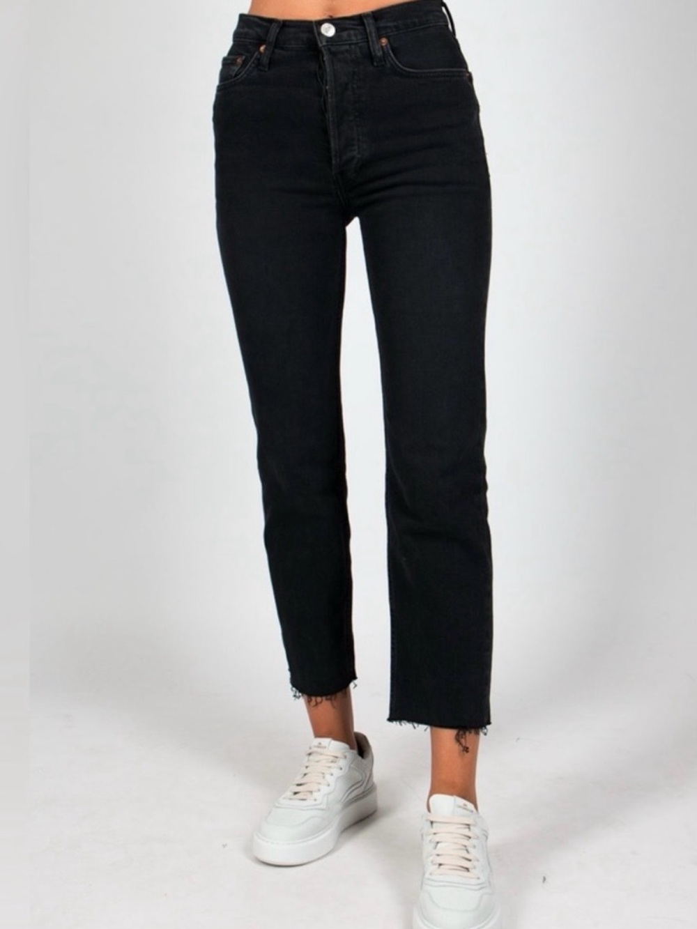 Re/Done High Rise Stove Pipe Straight Leg Cropped Jeans Raw Hem  Size 25